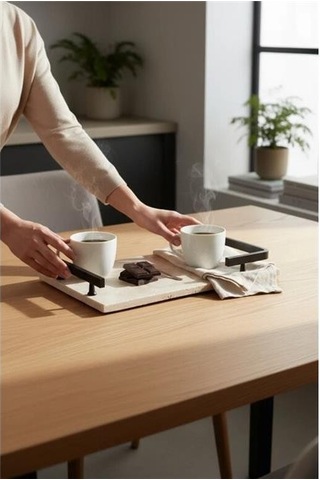 Akayev Traverten Siyah L Dizayn 30x20 Cm Tepsi Beyaz