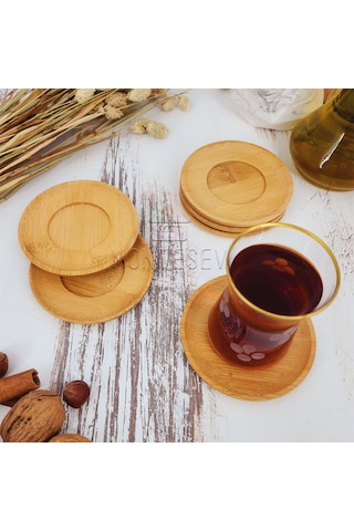 Ahşap Çay Tabağı 6 Lı Set Bardak Fincan Kupa Altlığı Yuvarlak Ahşap