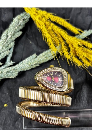 Yafani Gold Gümüş Yılan Model Kadın Saati Bordo