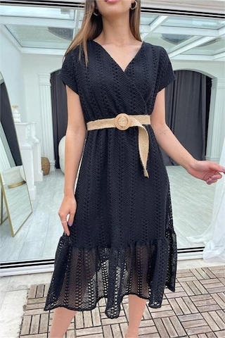 Neşeli Butik Kadın Siyah Hasır Kemerli Dantel Elbise Dk0001 Siyah