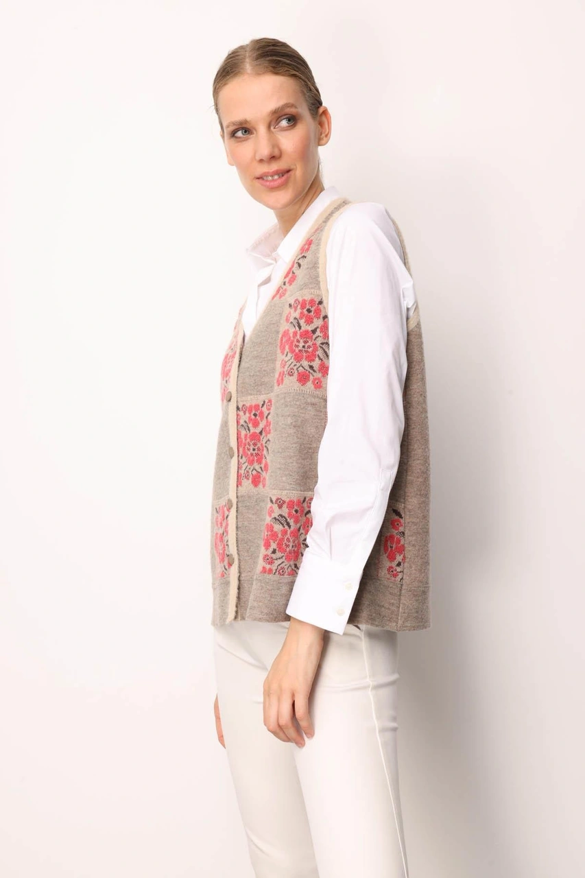 Desen Triko Kadın Pıtırcık Çiçekli Patchwork Keçe Yün Yelek Bej Y.ş.pembe Bej Y.ş.pembe