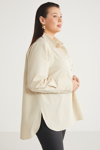 ETHIQUET AMARABB Kadın %100 Organik Pamuk Oversize Fit Poplin Manşetli Bej Büyük Beden Gömlek