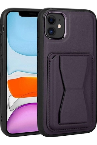Apple Uyumlu iPhone 11 Kılıf Kartlıklı Standlı Pu Deri Zore Memo Kapak Koyu Mor