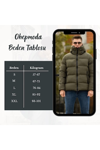 Ohepmoda İçi Kürklü Kapüşonlu Su Ve Rüzgar Geçirmez Erkek Şişme Mont Haki
