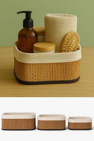 Bambu Hasır Dikdörtgen 3'lü Organizer Sepet Seti - Çok Amaçlı Düzenleyici Kahverengi