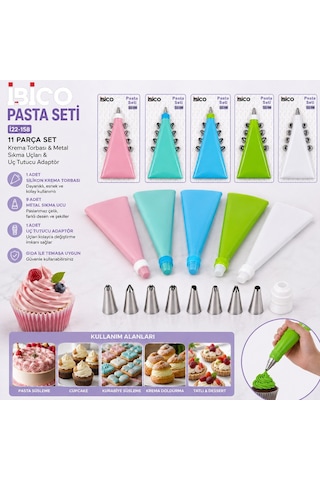 İbico İ22-158 11 Adet 1-krema Torbası 1-uç Tutucu Adaptör 9-metal Sıkma Uçları Renkli Pasta Seti Diğer