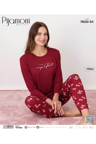 Pijamoni Kadın Milan Bisiklet Yaka Uzun Kol İnce Pijama Takımı 7600/34 - 1 Adet Kırmızı