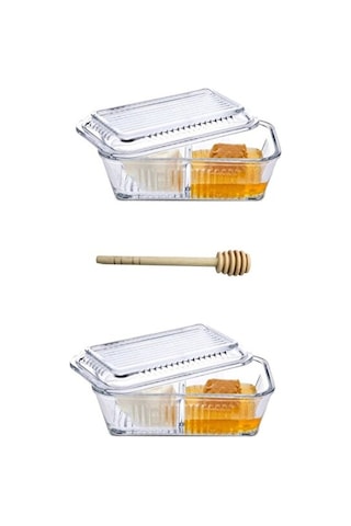 2 Adet Frigo Bölmeli Saklama Kabı, Reçellik, Ballık, Kahvaltılık + Baran Ahşap Bal Kaşığı Daldız Şeffaf