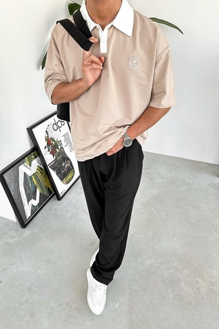 Krem Rose Polo Yaka Outplenty Premium Oversize Tişört Krem