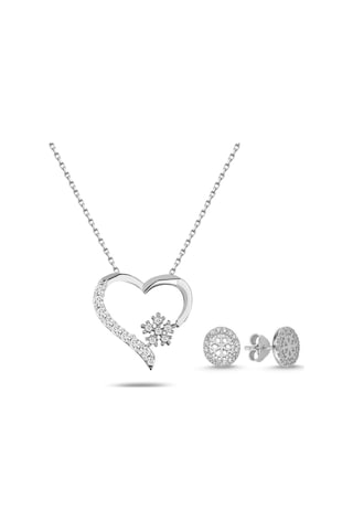 Brezza Lusso Jewelry Gümüş Zirkon Taşlı Kalp Kar Tanesi Kadın Kolye Küpe Seti