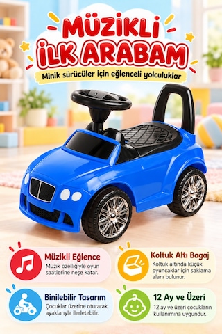 Müzikli İlk Arabam Koltuk Altı Bagajlı, Ayakla İtmeli Mavi Çocuk Arabası, 12 Ay+