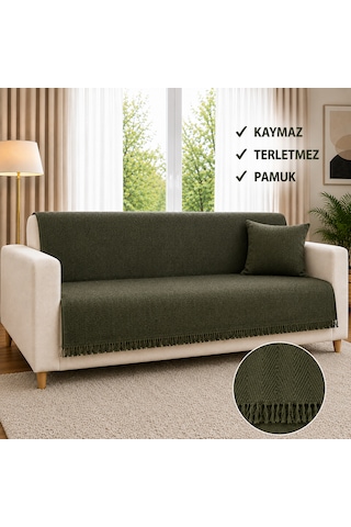 %100 Pamuk Kaymaz & Terletmez & Saçaklı & Yumuşak Koltuk Örtüsü-tek Ve Çift Kişilik Koltuklar İçin- 170 X 200 Cm Haki Yeşili