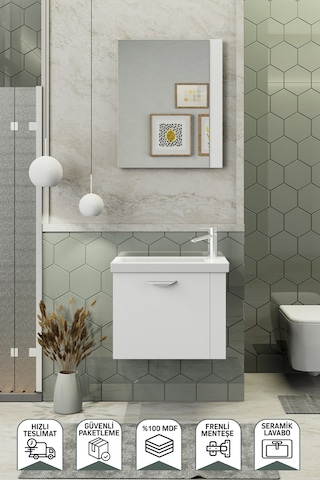 Biani Maxila 60 cm Banyo Dolabı,Seramik Lavabolu, Aynalı,Lavabo Dahil,Mdf,Beyaz
