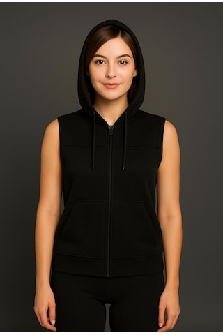 Axxel Kadın Siyah Fermuarlı Kapüşonlu Kanguru Cepli Kolsuz Yelek-y1142-k Siyah
