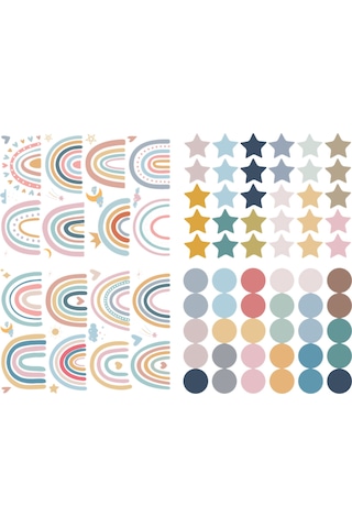 Geekyou Renkli Renkli Güneşin Arkası, Nokta Ve Yıldız Desenli 4 Adet Pvc Duvar Sticker Seti Toplam 76 Parça - Ev, Okul Ve Çocuk Odaları İçin Dekoratif Ve Kullanıma Kolay Çok Renkli