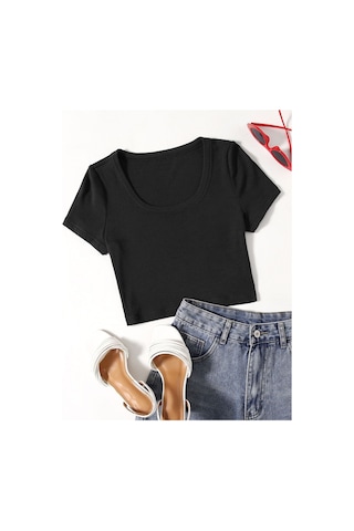 U Yaka Siyah Renk Fitilli Kısa Kollu Regular Crop Top Bluz Siyah