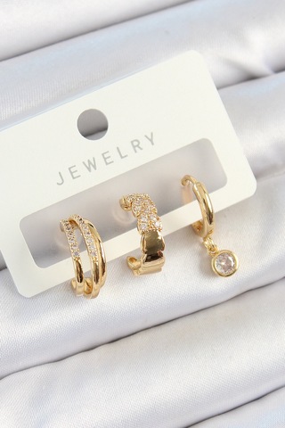 Pirinç Zirkon Taşlı Halka Model Gold Renk 3'lü Çift Kadın Küpe Set Altın Altın