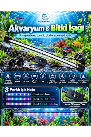 Akvaryum Işığı - Balık Işığı - Bitki Işığı - 37 Cm - 24 Led - Tamamen Su İçinde Kullanılabilir - 3 Modlu - 5w - Mükemmel Işık