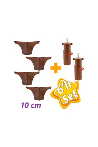Açelya 6'lı Set 10 Cm Ceviz Mobilya Ünite Çekyat Koltuk Kanepe Ayağı 9.5 X 14.5 Cm Ayarlı M8 Destek Baza Ayak