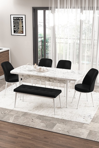 Canisa Concept Zen Serisi 80x132 Mdf Açılabilir Beyaz Mermer Desen Masa Takımı 4 Siyah Sandalye Ve 1 Bench Masa Beyaz Mermer Sandalye Ve Bench Siyah