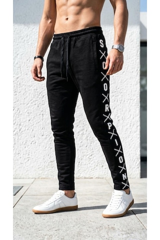 Plus Scorpion Erkek Slim Fit Eşofman Altı Yazılı Şerit Detaylı, Dar Paça Jogger Pantolon Siyah