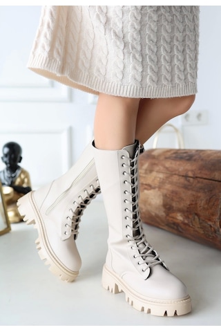 Uliza Bej Cilt Bağcıklı Kadın Çizme Bej