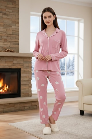 Remsa Kadın Kalp Desenli Önü Düğmeli Yumuşak Milan Kumaş Pijama Takımı 250376 Pembe02 Pembe