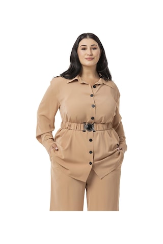Disentis Büyük Beden Beli Kemerli Gömlek Pantolon Camel İkili Takım-camel Camel