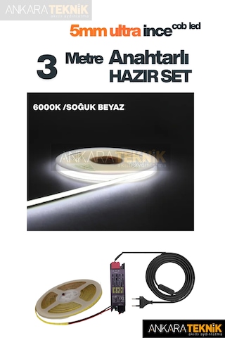 Ankara Teknik 5mm Ultra Ince Cob Şerit Led - 6000k Soğuk Beyaz 12volt Tak Çalıştır Anahtarlı Set Metre Seçiniz 3 Metre