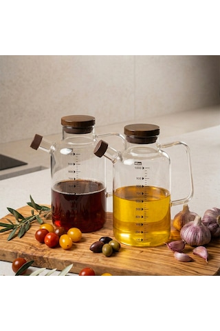 Porsima Lm-0108 Verra Kapaklı Borosilikat Cam 2li Yağlık Sirkelik Yağdanlık Seti 1000ml Şeffaf