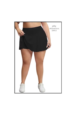 Büyük Beden Etek Içi Şortlu Siyah Yüksek Bel Volanlı Deniz Şortu Skirt With Shorts Curve Siyah