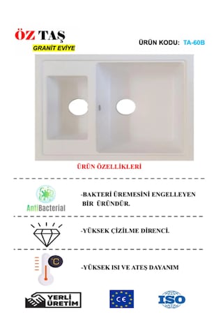 Öztaş TA-60b Granit Mutfak Eviye Beyaz Tek Gözlü 485 x 595 MM