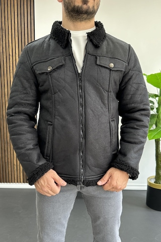 Erkek İçi Kürklü Suni Pul Deri Mont Siyah Edw120-siyah Siyah