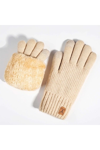 Elmpaly Beige Tek Parmak Kışlık Termal Eldiven Dokunmatik Bisiklet Motosiklet Bej
