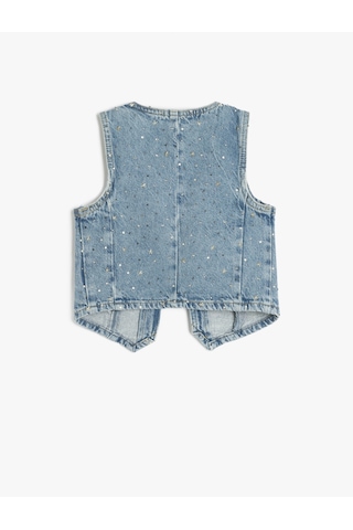 Koton Yıldız Detaylı V Yaka Kolsuz Pamuklu Denim Yelek Lıght Indıgo 5skg20012ad Açık Mavi