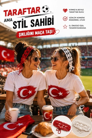 Türkiye Kadın Taraftar Bandanası El Örgüsü Kırmızı Beyaz Saç Bandı Milli Takım Kombini Ayarlanabilir İkili Set