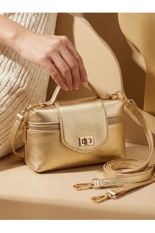 Bayi Depo Gold Parlak Görünümlü Kilit Detaylı Mini Kadın El Ve Çapraz Askılı Çanta - Bayi Depom Diğer