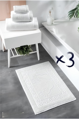 3'lü Ayak İzli Bukle Ayak Havlusu Seti 250 Gram - Paspas Banyo Seti 3 Adet Beyaz