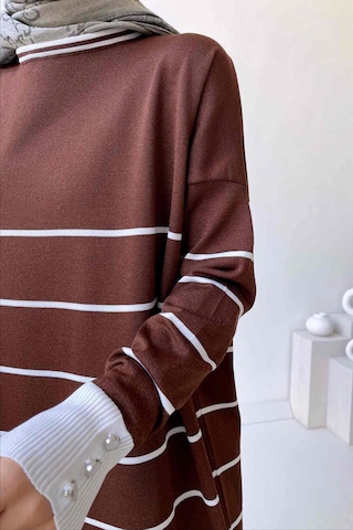 Kahijab Bisiklet Yaka Çizgili Merserize Tunik - Kahverengi