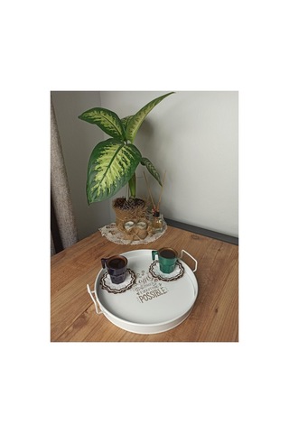 Metal Sunum Tepsi.çay Kahve Pasta Tatlı Servis 27 Cm Beyaz Hasır