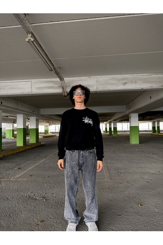 Minus Basic Stussy Beyaz Baskılı Siyah Günlük Sweatshirt SIYAH