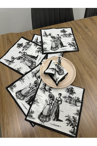 Toile De Jouy Paris Amerikan Servis 6 Lı Set 30x30 Cm %100 Pamuk Dijital Baskılı Klasik Fransız Tarzı Masa Dekoru - Zt720 Siyah