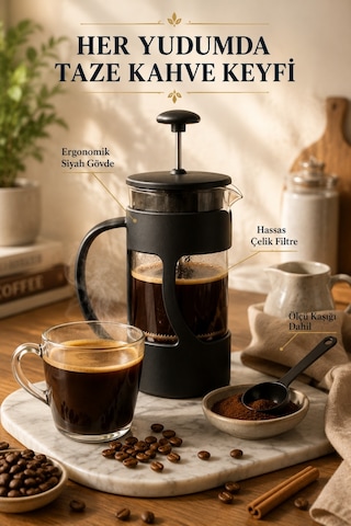 Borosilikat Cam French Press 350 ml – Mat Siyah Gövde