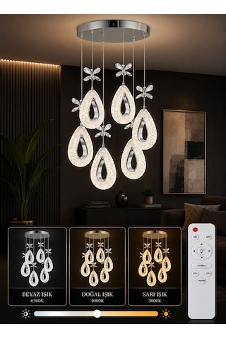 Yagmur Model 6'lı Krom 3 Renk Modu Ledli Modern Salon Mutfak Oturma Odası Led Avize Krom - Gümüş