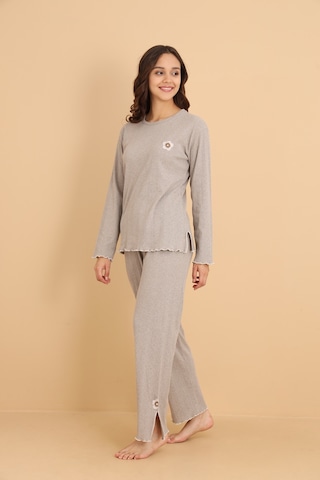 Mr-8602 Pointel Kumaş Mevsimlik Günlük Çiçekli Kadın Pijama Takımı Vizon