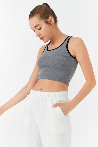 Tommy Life Gri Melanj Basic Sıfır Kol Dar Kalıp U Yaka Kadın Crop Top Atlet - 97162 Gri Melanj