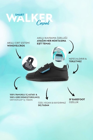 Smart Walker Casual Süper Mat Siyah Barefoot Çocuk Ayakkabı Siyah