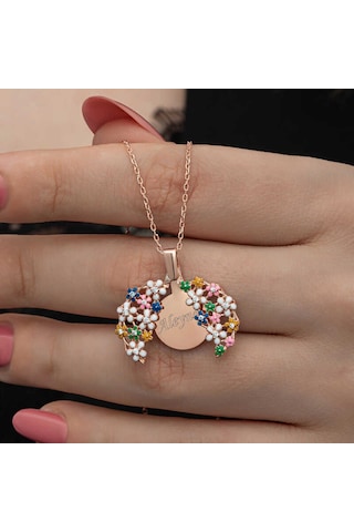 Gümüş Rose Renkli Çiçek Kişiye Özel Kadın Kolye Rose