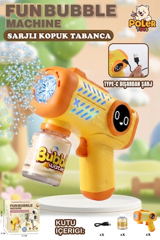 Şarjlı Baloncuk Tabancası Işıklı Otomatik Köpük Balon Makinesi Bubble Gun Sarı