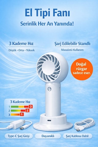 Jasper Sr-0034 Beyaz Taşınabilir Standlı Serinletici Fan 3 Hız Ayarlı , Typ-c Şarjlı Fan Masaüstü Fan Vantilatör 2w-5v/1